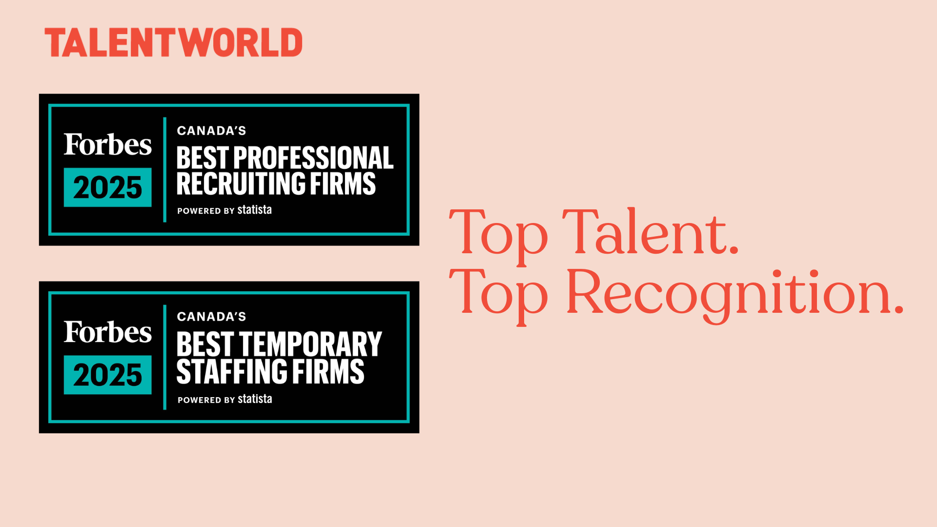 TalentWorld logo with 2 Forbes 2025 logo awards for Best Professional Recruiting Firm and Best Temporary Staffing Firms with the text: Top Talent. Top Recognition.